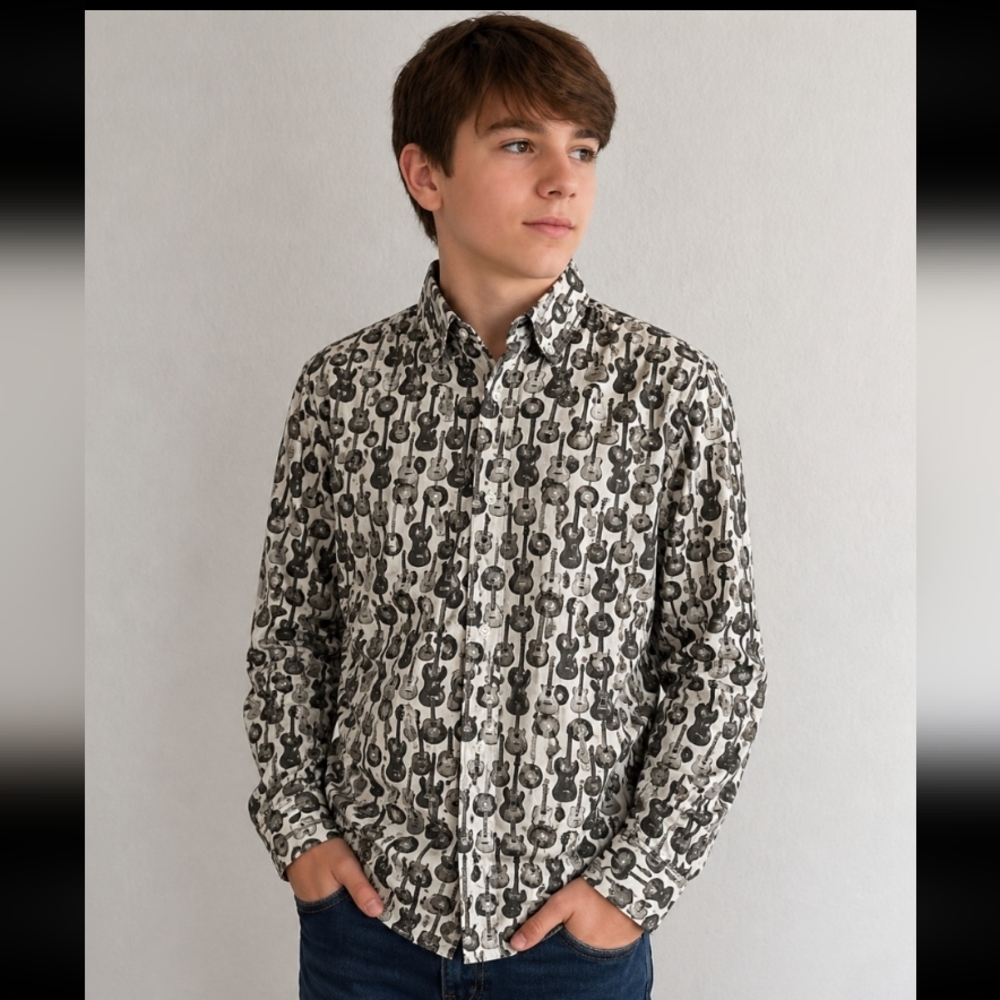 AGE OF WISDOM Guitar Print Button Down Dress Shirt 12-14 Boys